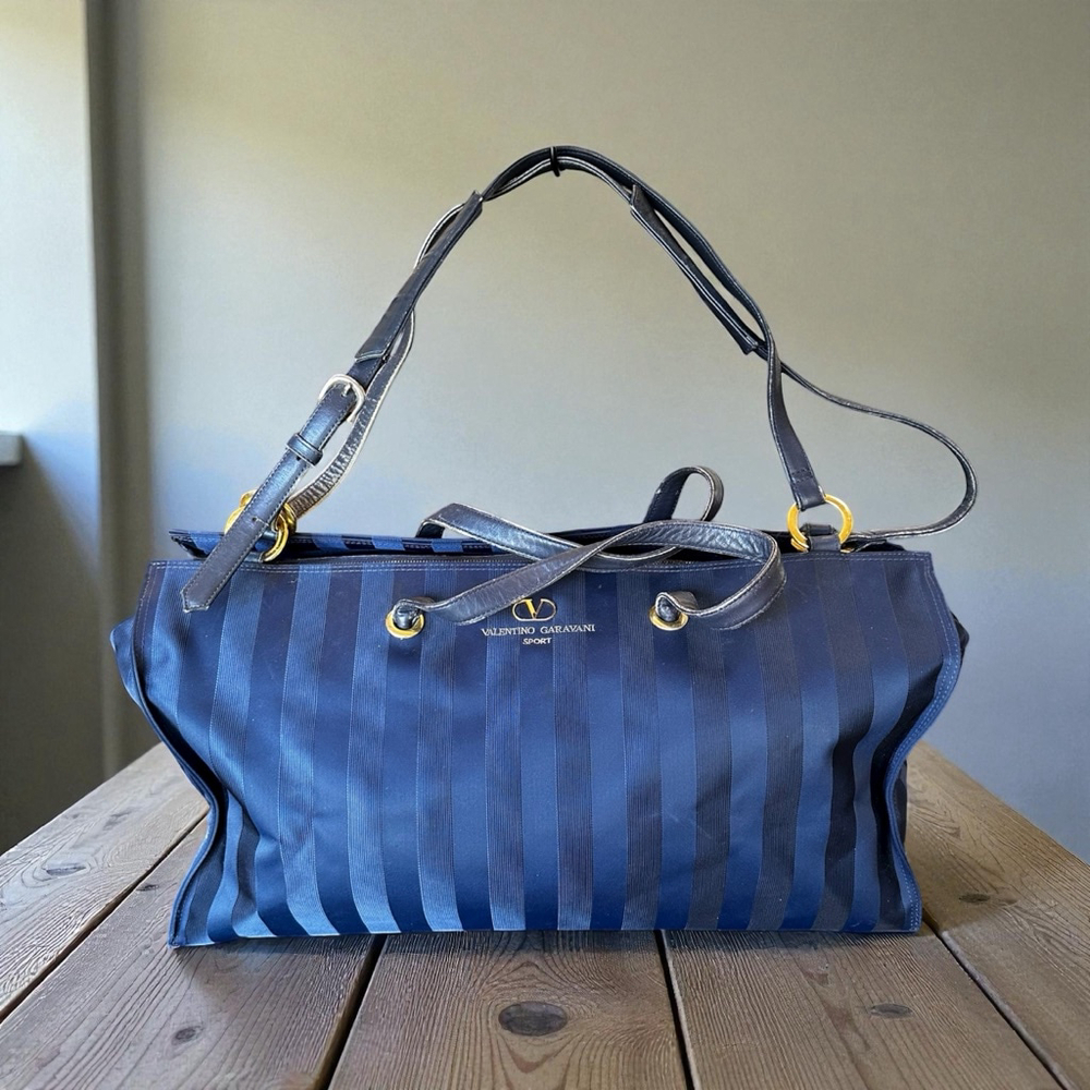 Valentino Garavani Leather & Nylon Navy Striped Travel Bag